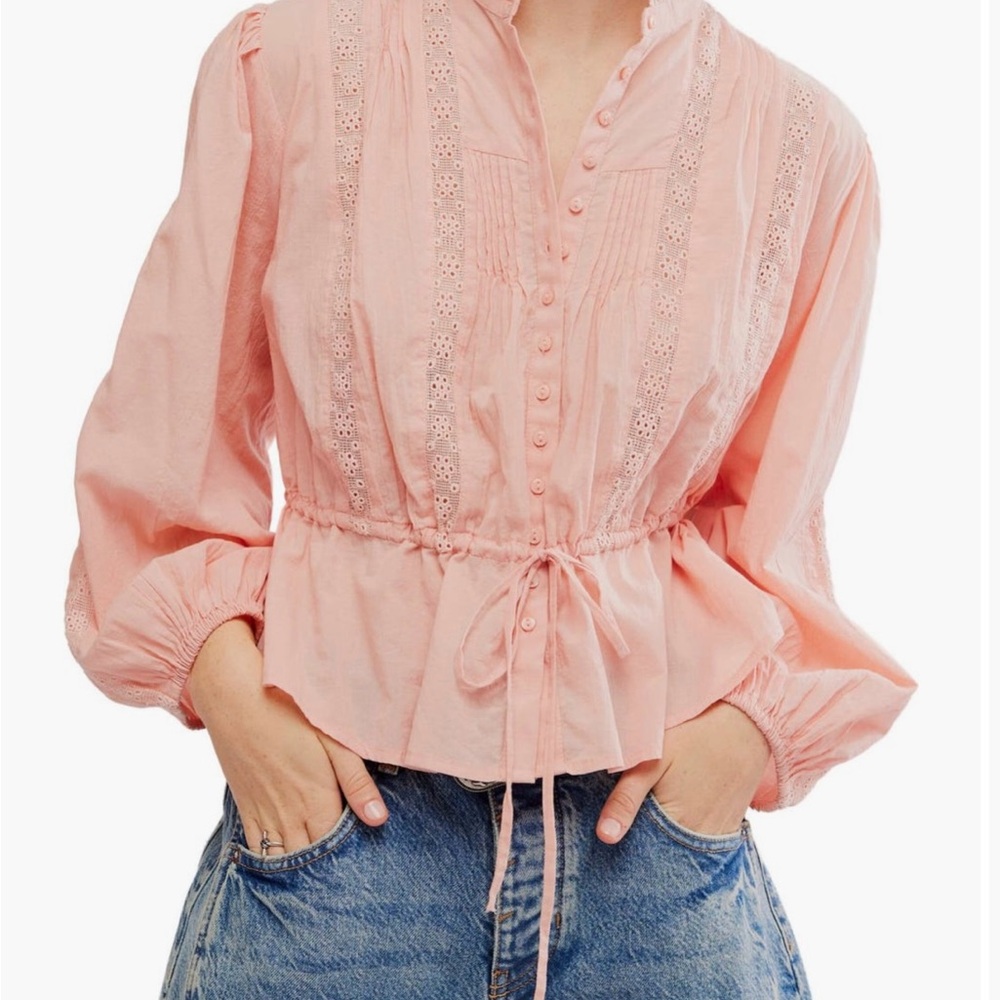 Free People Pink Relaxed Blouse with Mandarin Collar